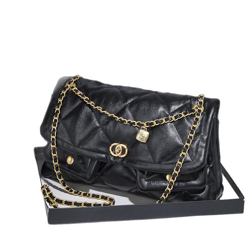 Xiaoxiangfeng Cowhide Diamond Grid Chain Bag Women's New Large Capacity High-end Double Pocket Shoulder Crossbody Bag