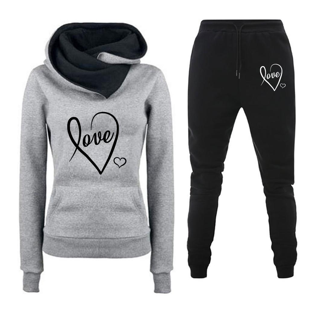 Spring and Autumn Winter Casual Sportswear Set with Love Letter Printed Women's Hoodie and Sweatshirt Set Trendy
