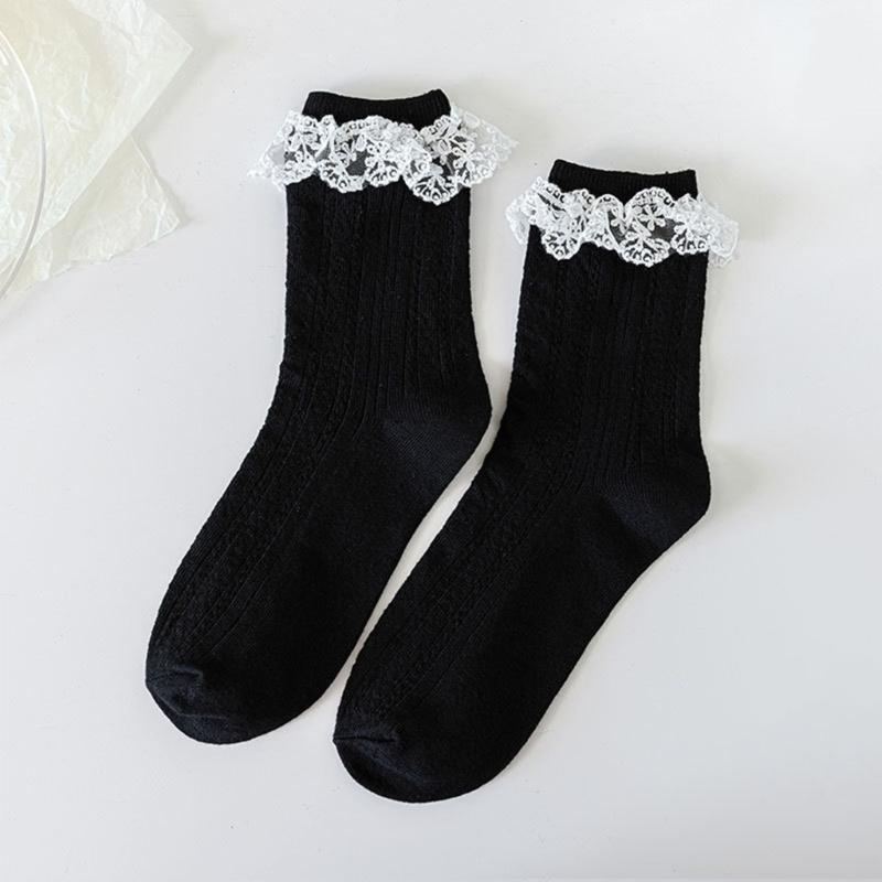 JK Girl Ruffle Lace Trim Cotton Ankle Socks Jacquard Knit Frilly Socks for Women