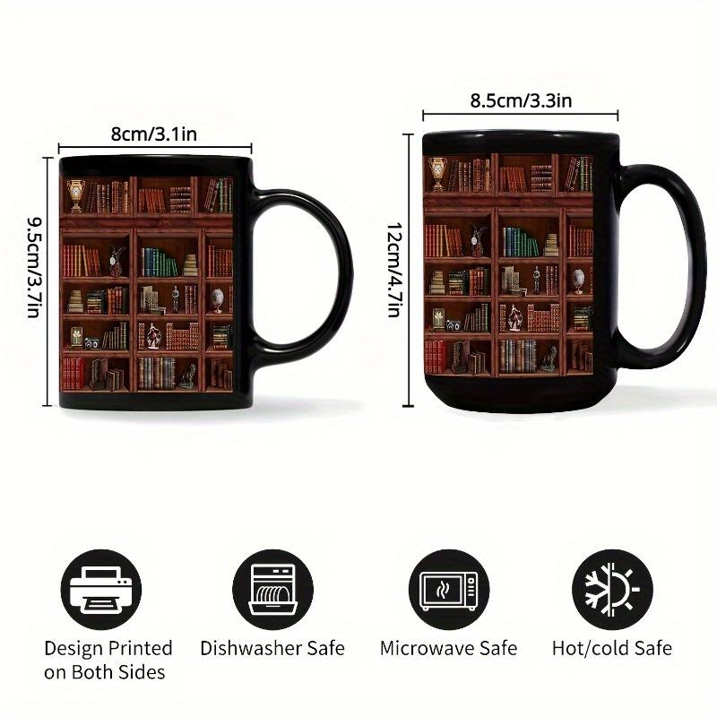 1 Stück Bibliotheks-Bücherregal-Tasse, Bibliothekar, Bücherwurm-Becher, Geschenke, für Leser, Bücherwurm-Geschenke, schwarz, 350 ml/11 Unzen und 450 ml/15 Unzen