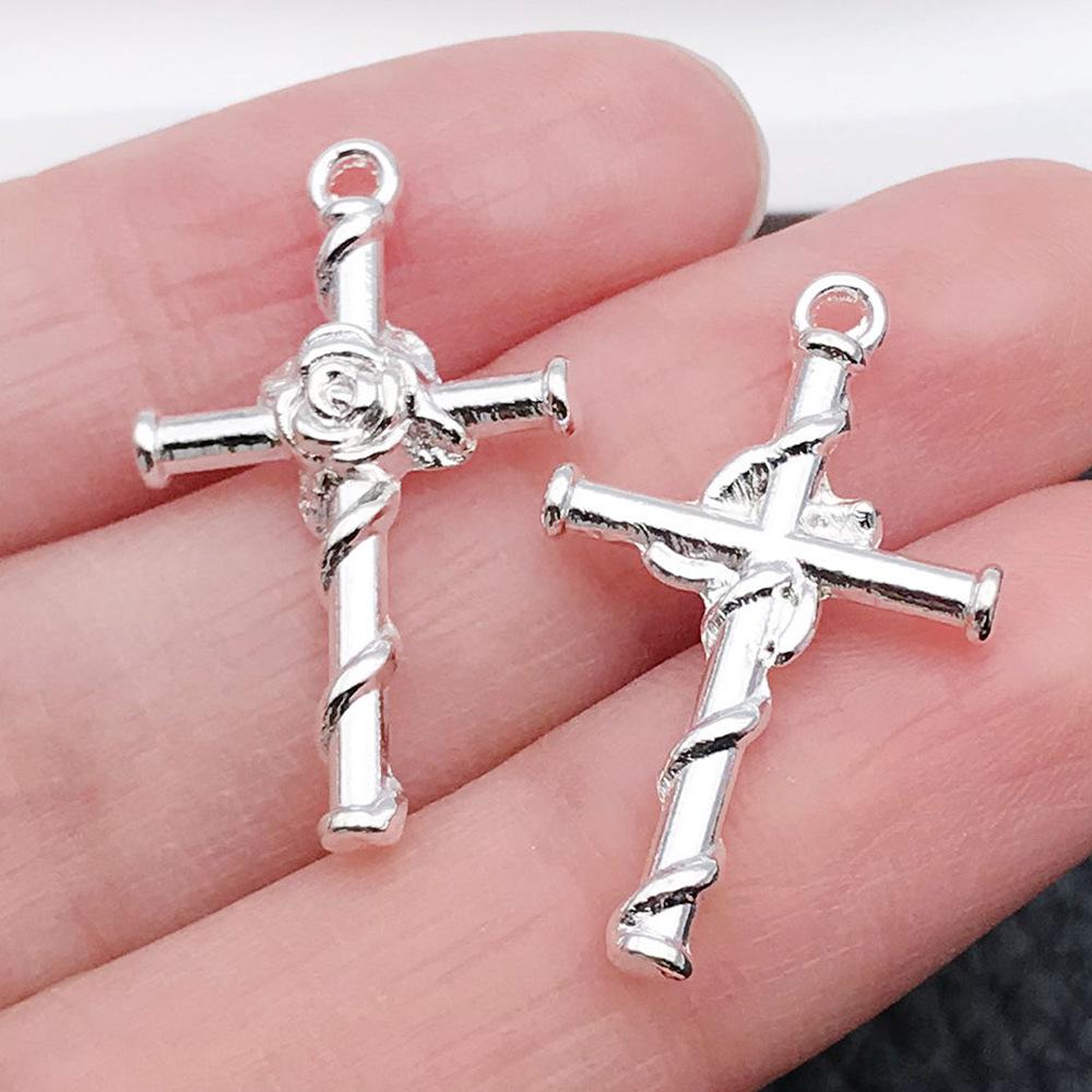 Cross-Border Hot Sale Bright Silver Cross Pendant Handmade DIY Keychain Necklace Alloy Jewelry Accessories Batch