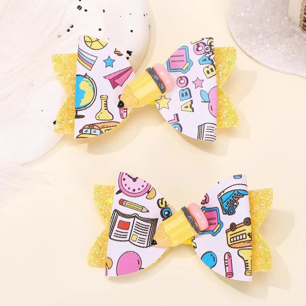 2pcs/set Sweet Back To School Hair Bows Clip for Girls Cute School Bus Hairpins Ribbon Print Pencil Barrettes Boutique Headwear