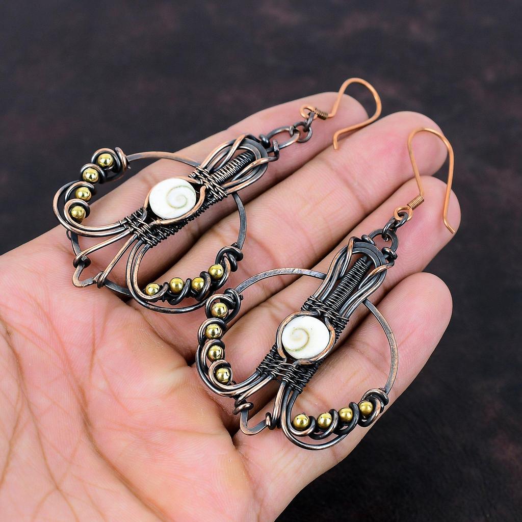 Shiva Eye Shell Earring Copper Wire Wrapped Earrings Unique Earring Copper Jewelry Gemstone Earrings Handmade Wire Jewelry Anniversary Gift