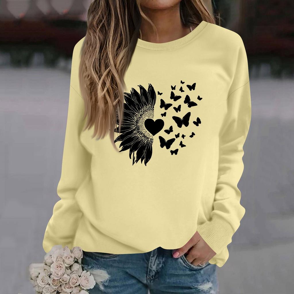 Damenmode Lässig Langarm Einfarbig Bedruckt Rundhals Oberteil Sweatshirt