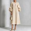 Women's 3D Floral Sleeves Round Neck Button Front Loose Fit Midi Dress for Vacation