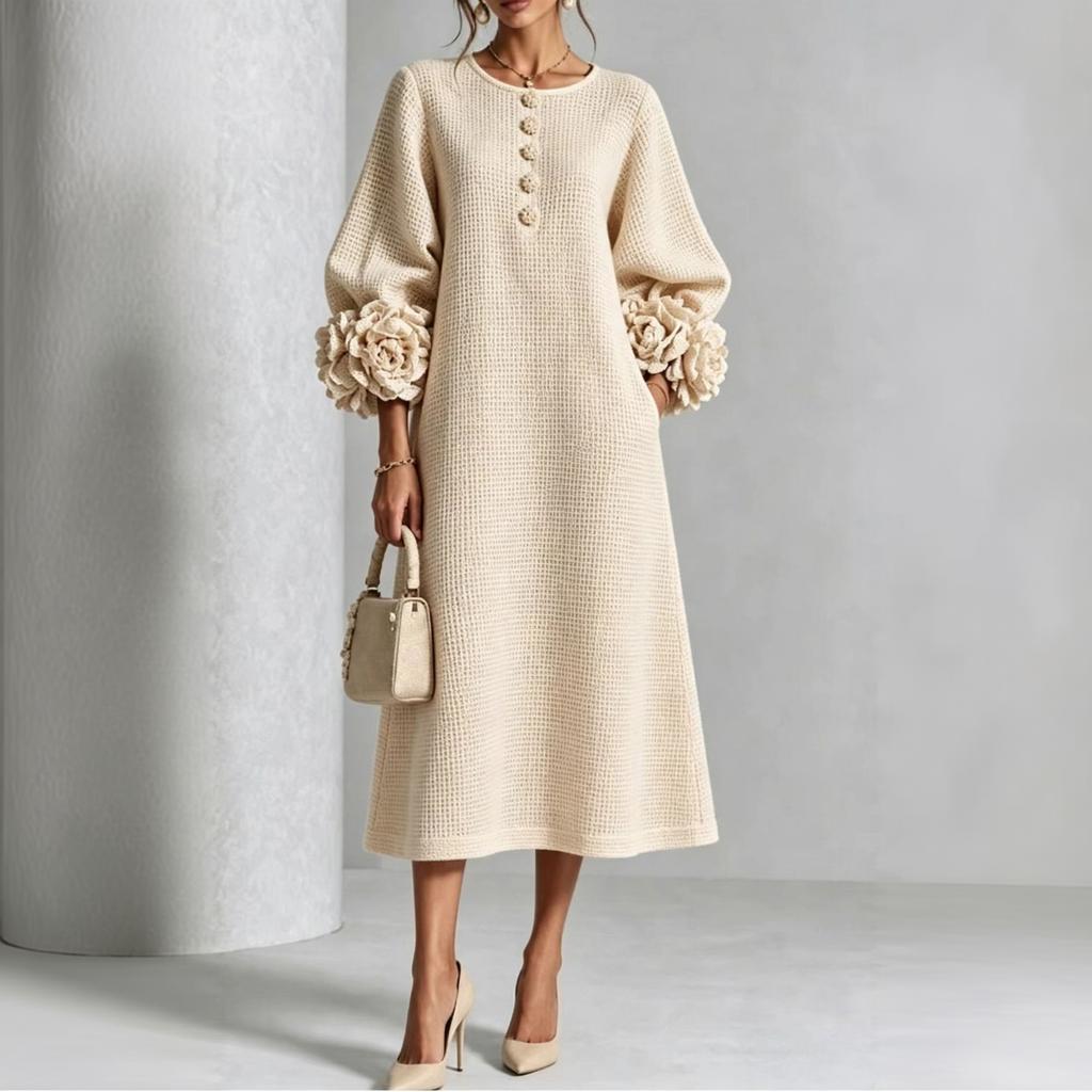 Women's 3D Floral Sleeves Round Neck Button Front Loose Fit Midi Dress for Vacation