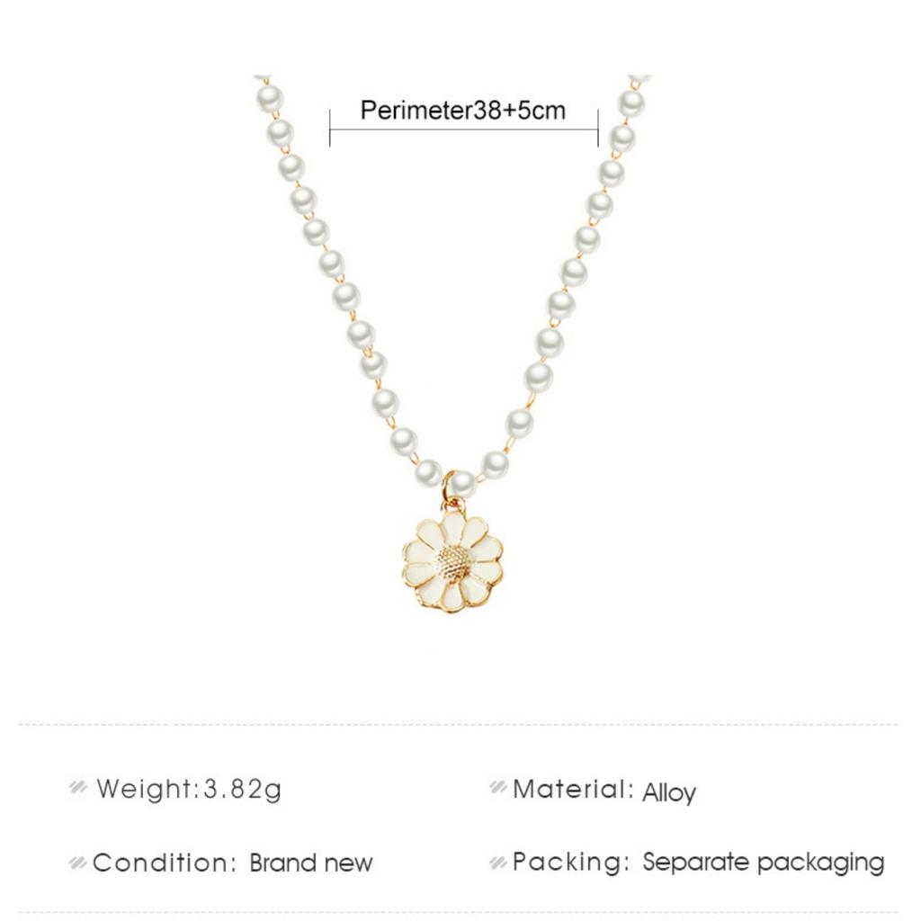 Elegant White Enamel Daisy Flower Pendant Necklace For Women Men Romantic Sunflower Floral Imitation Pearl Chain Choker Jewelry