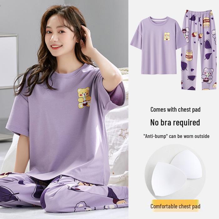 Women's Summer Pajama Set - Stretchy Short Sleeve Top & Long Pants with Built-in Bra Pads, Cotton-Like, Thin, Pullover, Outdoor-Friendly Loungewear