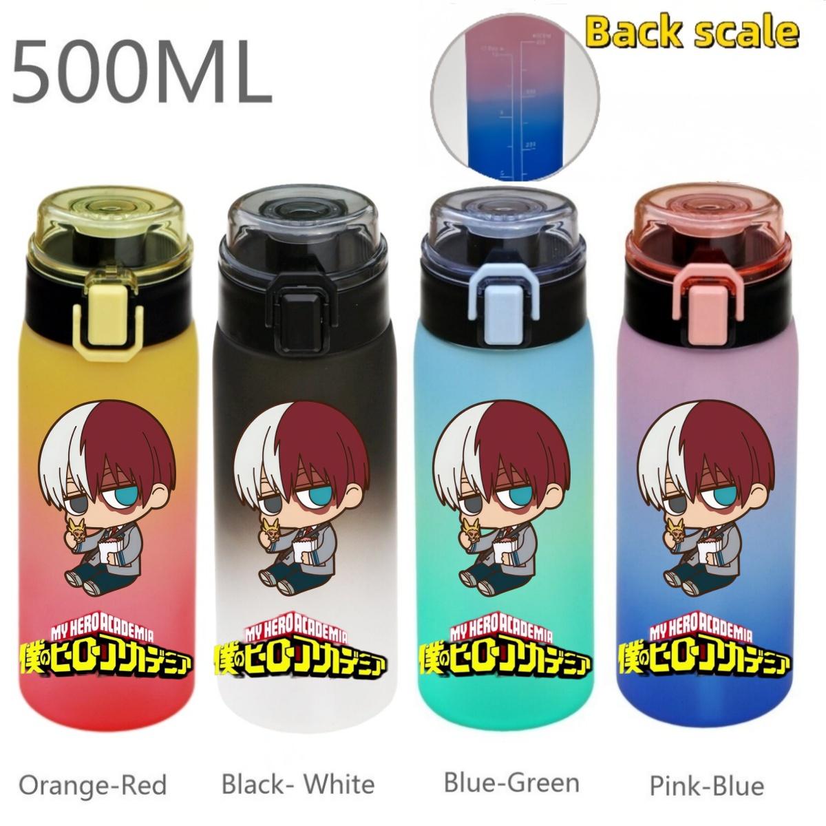 500ML My Hero Academia Sport Waterfles Lekvrij Kleurverloop met Waterniveau Lijn Draagbare Buiten Sport Drinkbeker Black- White-1PCS
