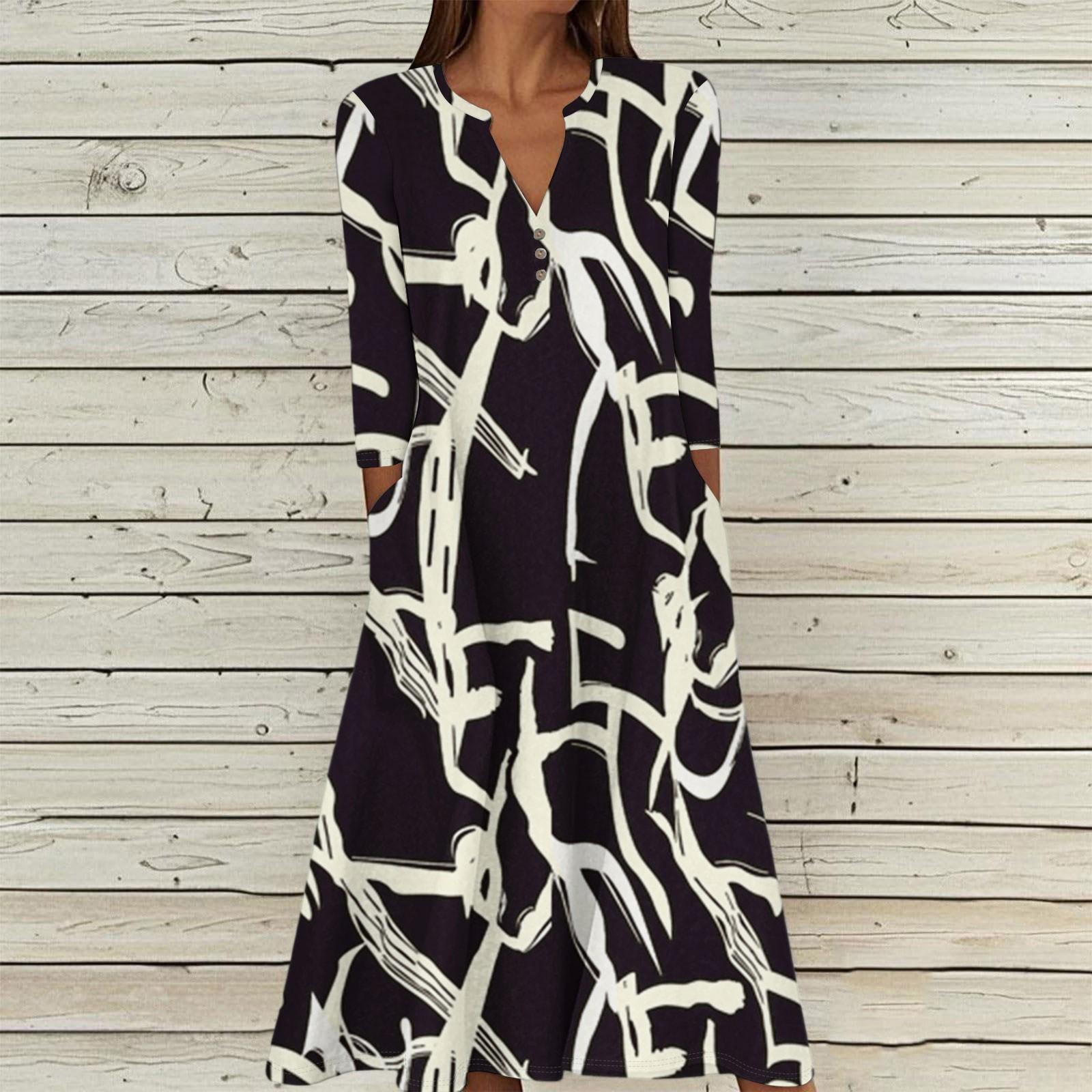 

Женское летнее повседневное платье с V-образным вырезом на пуговицах, винтажным цветочным принтом, рукавом три четверти, длинное, с карманами XXL