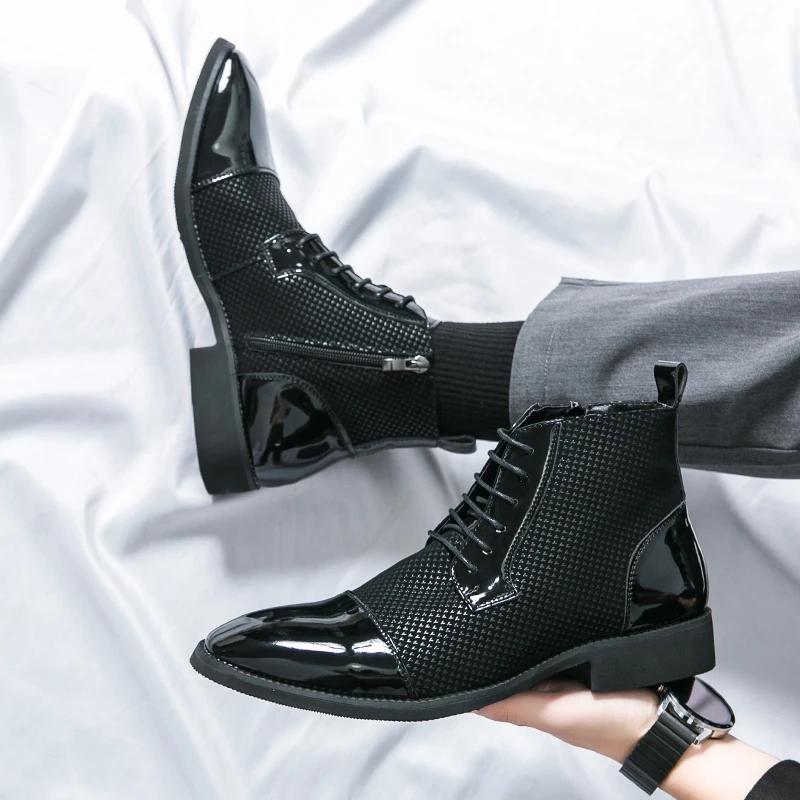 High Quality Men Boots Fashion Pointed Patent Leather Boots Lace Up Ankle Boot Classic Business Dress Boots for Men Wedding Boot
