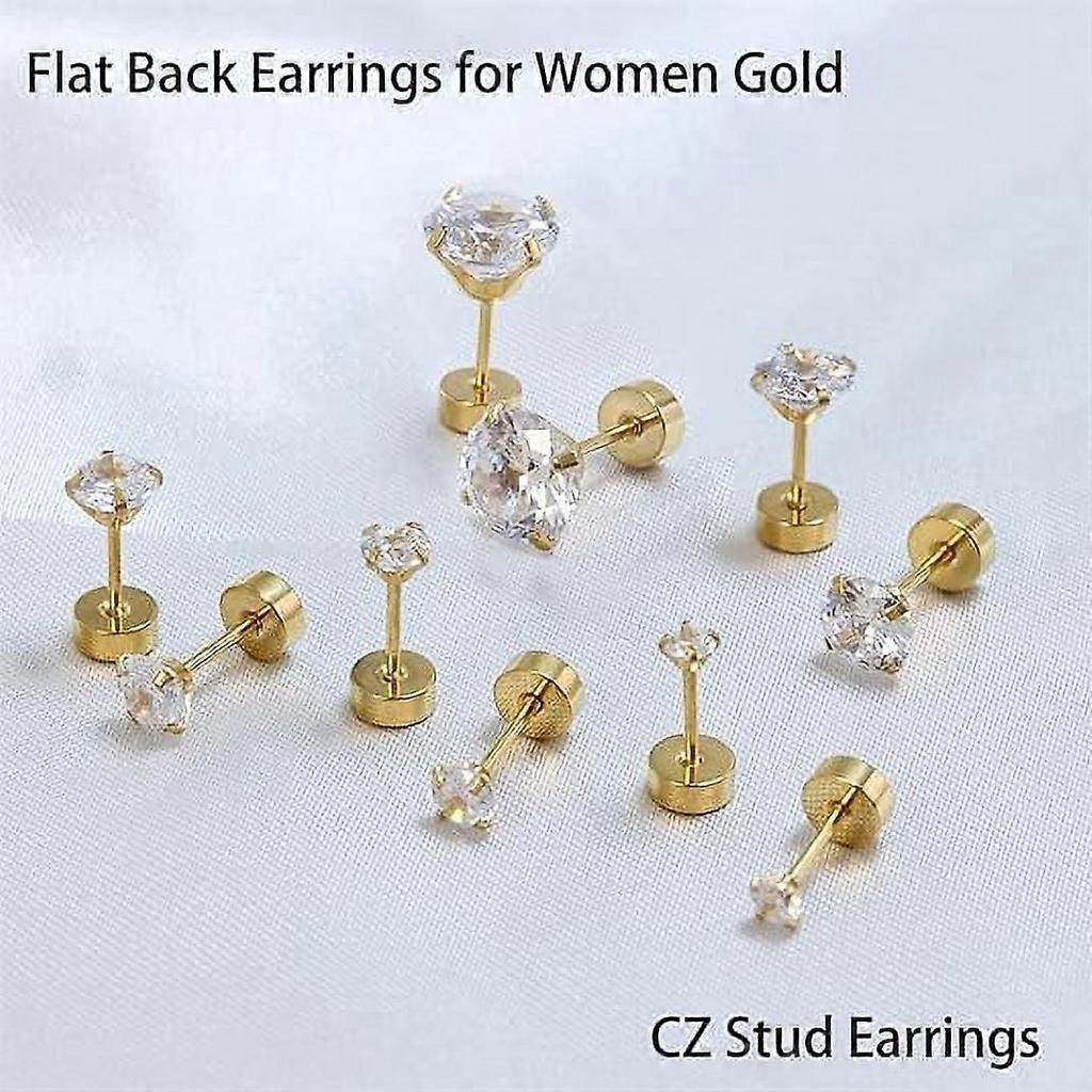 10 Pairs 316L Stainless Steel Earring Set 14K Gold Plated Small Hoop Earrings Flat Back Stud Earrings for Women Men, Gold