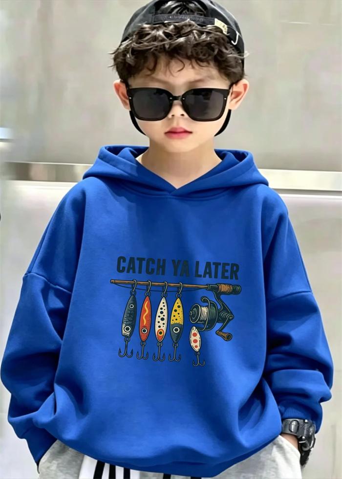 Fall/Winter Retro Fishing Bait Pattern "See You Later" Children's Hooded Sweatshirt Loose and Comfortable Warm Hooded Shirt