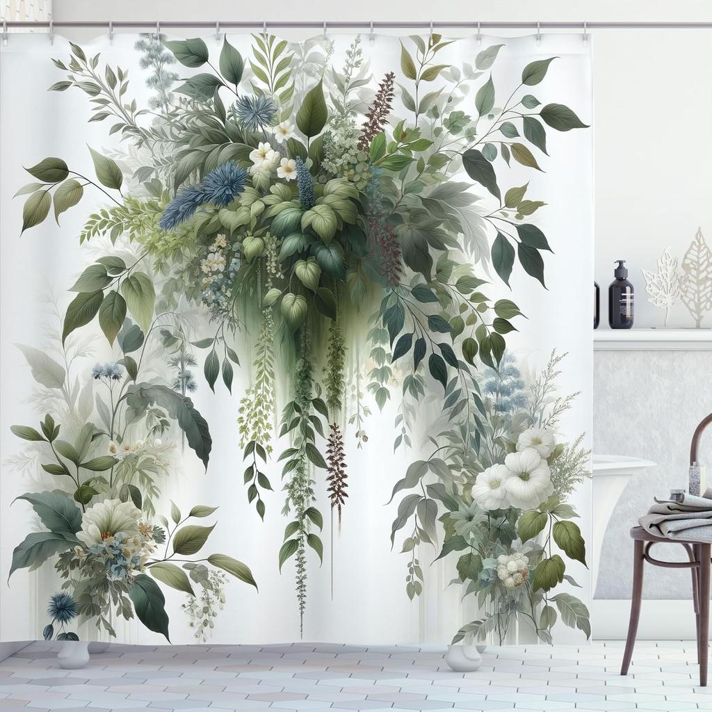Green Shower Curtain, Dreamy Composition of Leaves Huddle with Tropical Boho Aura Sage Colors, Cloth Fabric Bathroom D