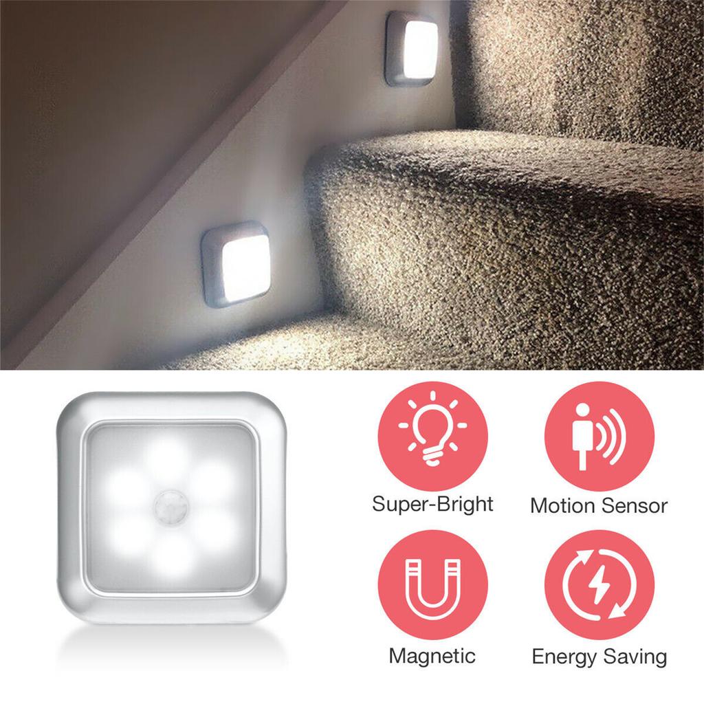 6leds Wireless Motion Sensor Night Light 120 Degree Angle Battery Powered Cabinet Closet Stair Lamp