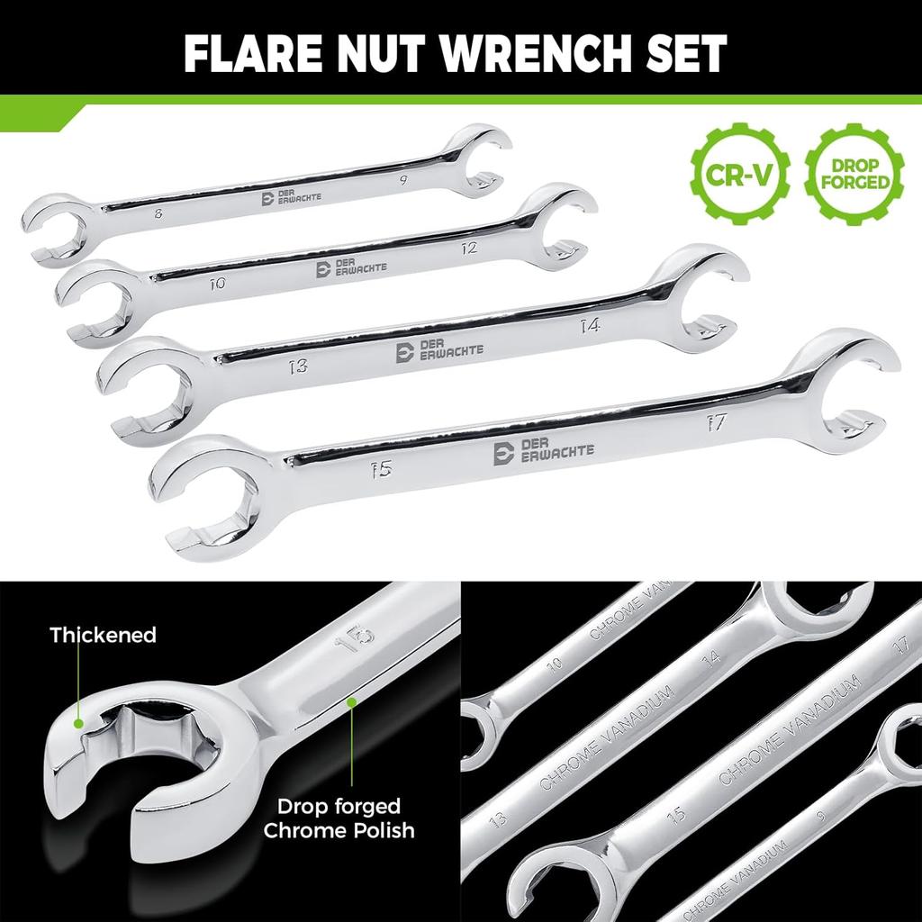 4-Piece Flare Nut Wrench Set, Offset End Spanner Metric 8 9 10 12 13 14 15 17mm, CR-V Steel Storage Pouch Repair and Remove Nuts on Fuel Tube Hose