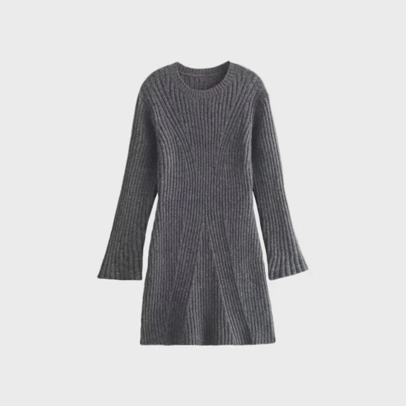 Autumn Women's Ribbed Knit Long-Sleeve Dress - Simple Style Short Skirt