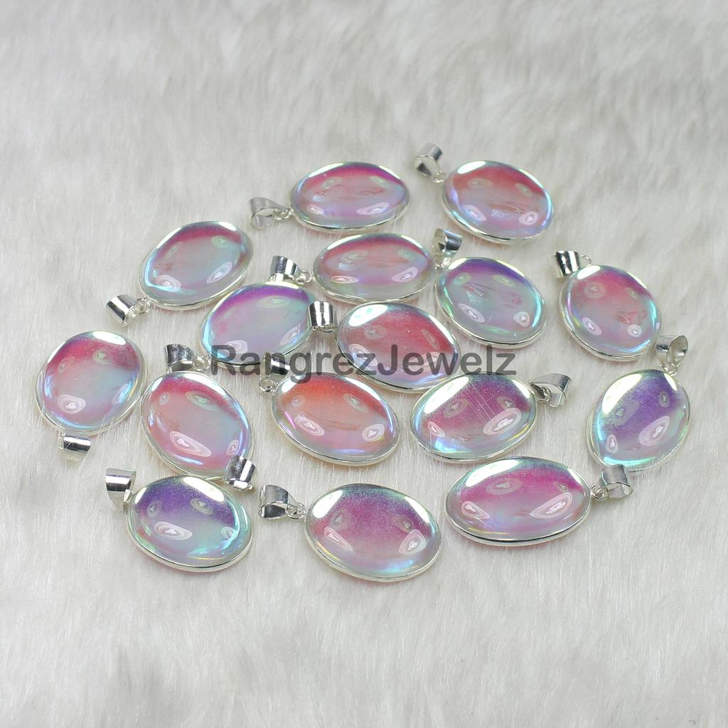 Doubled Opal Gemstone Pendant Jewelry Rainbow Flash Doubled Glass Gemstone Pendant Necklace Bulk Wholesale Pendant Jewelry