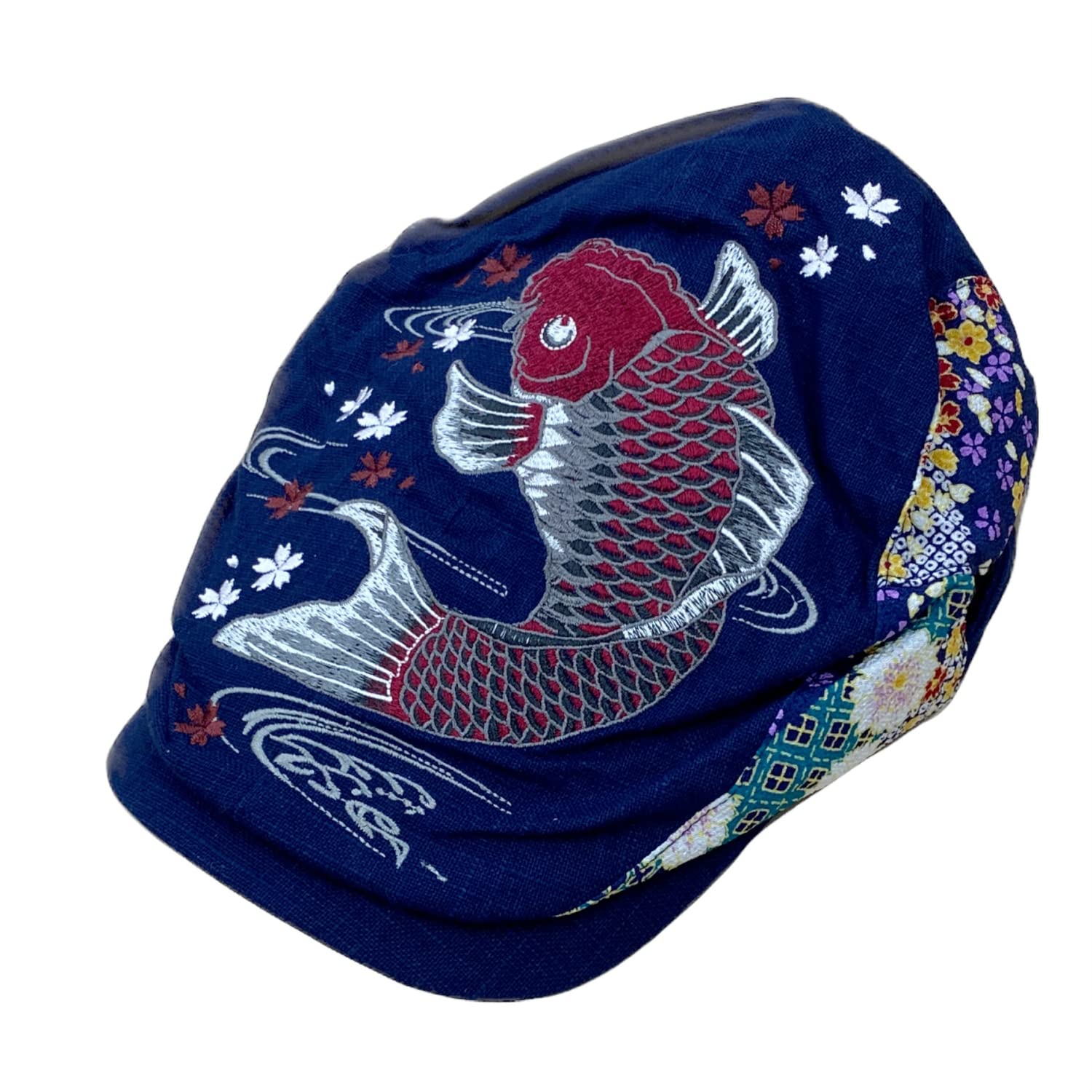 

Onishi Ken Seihan Embroidered Hunting Cap, Red Carp/Navy, Size: 58.5cm, H32-SH07