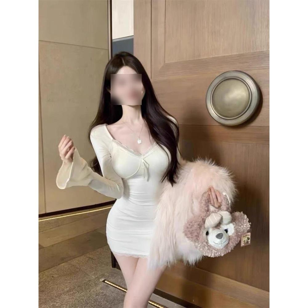 

Женское французское платье с V-образным вырезом и кружевом - Осенне-зимний стиль, с длинными рукавами, облегающая короткая юбка, повседневный шикарный дизайн Medium абрикосовый