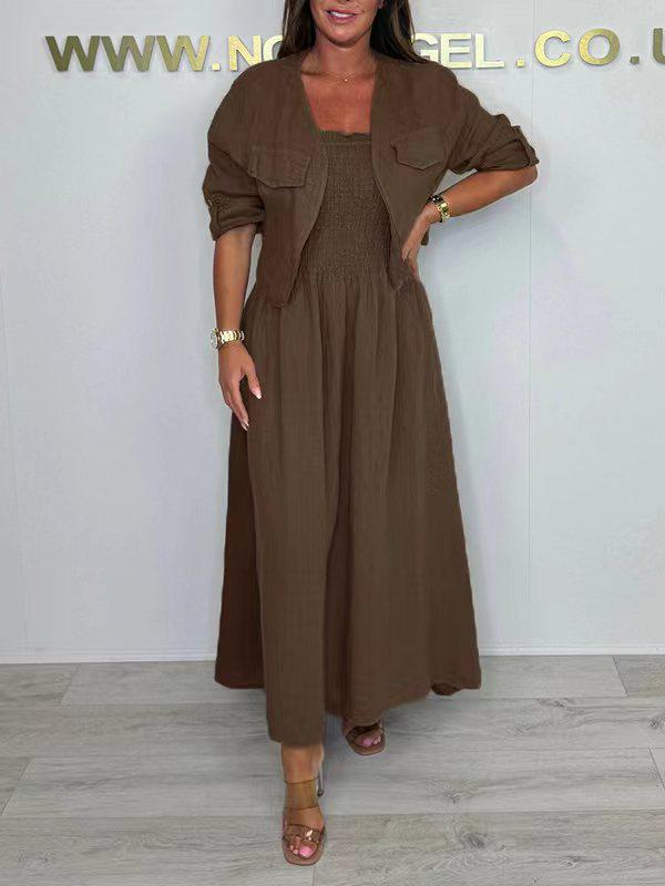 

Летний 2025 года Европейский и Американский Однотонный Льняной Платье с Пиджаком Комплект из Двух Предметов 3XL коричневый