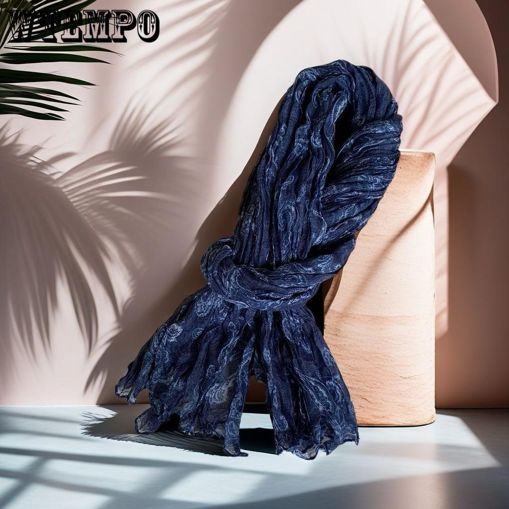 Retro Cotton and Linen Scarf Women's Autumn and Winter Printed Thin Pleated Scarf Silk Scarf Summer