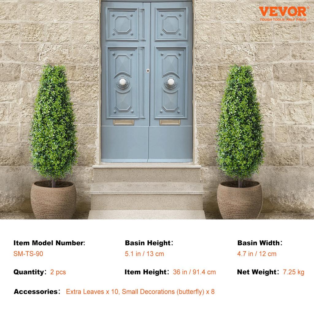 VEVOR Artificial Boxwood Topiary Tree, 36 inch Tall (2 Pieces), Faux Topiary Trees, Green Faux Plant w/ Extra Leaves & Pot & Small Decoration