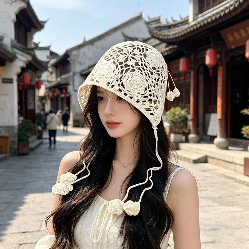 Hollow Pearl Pendants, Handmade Wrapped Hats, Women's Ethnic Style Knitted Pullover Hats, Vintage Large Toe Pile Hats