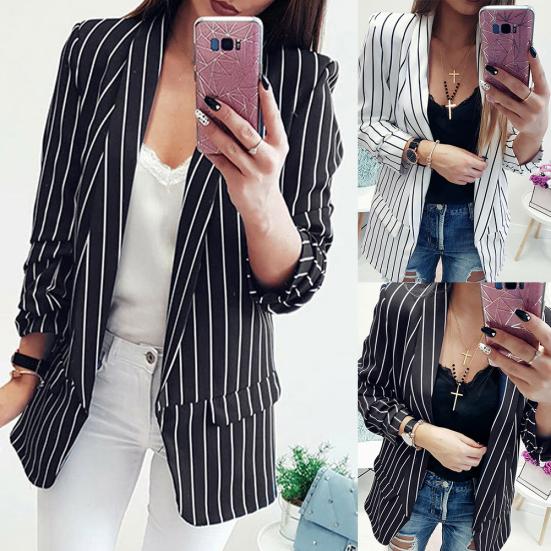Fashion Autumn Women Stripe Lapel Long Sleeve Slim Fit Blazer Suit Jacket Coat