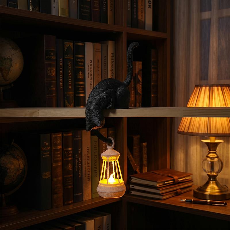 Gancio Scaffale Gatto Con Lanterna Statuetta Statua Ornamento Decorazione per Casa Camera da Letto Scrivania Luce Notturna