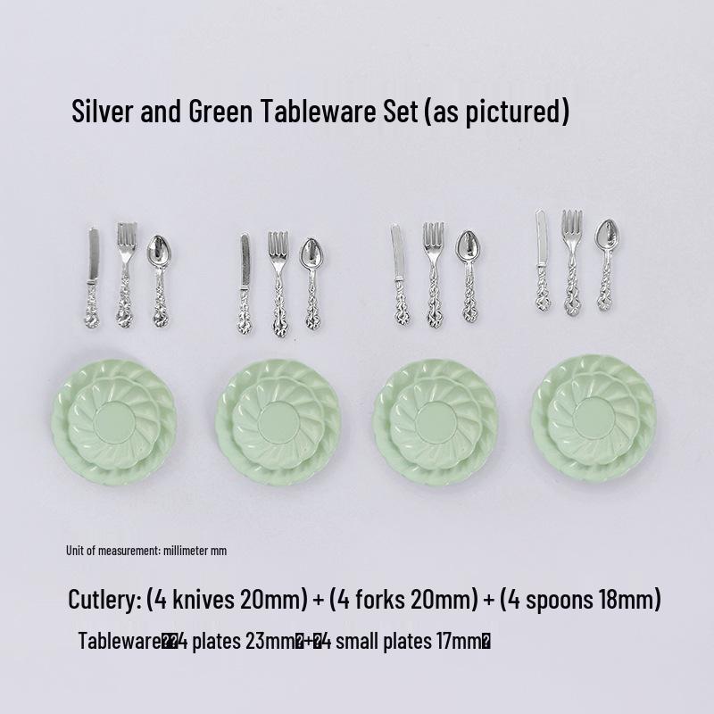 Miniature Dollhouse DIY Model Cake Set: Alloy Plate, Knife, Fork & Spoon Props
