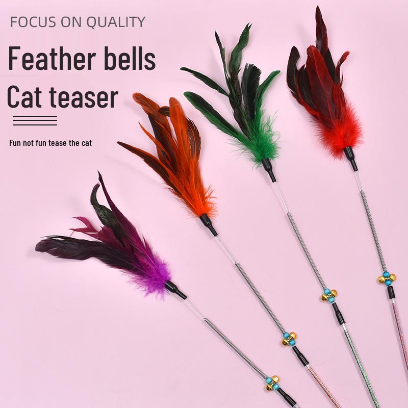 Plastic Feather Spring Teaser Stick with Bell - Bendable Cat Self-Entertainment Toy