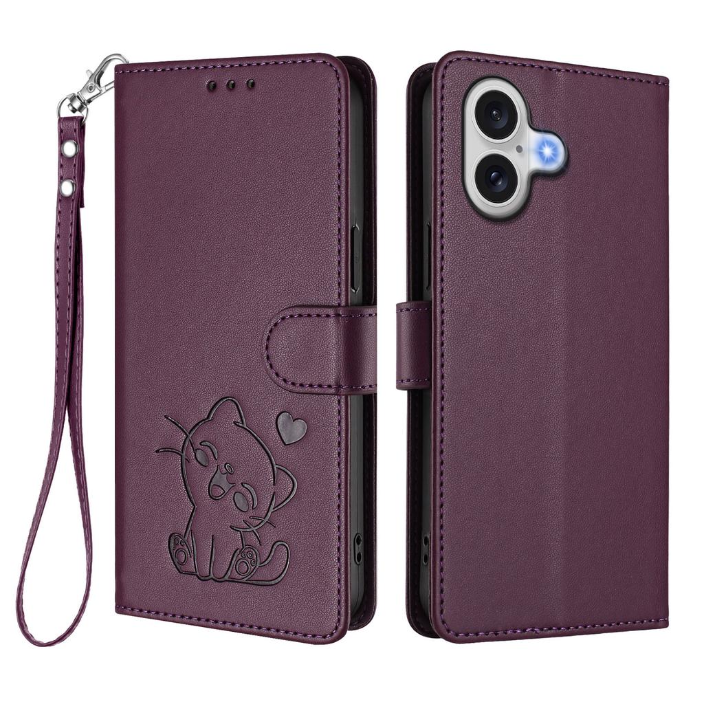 For iPhone 17 Wallet Case with Wrist Strap Love Cat Pattern Imprint Leather Phone Cover