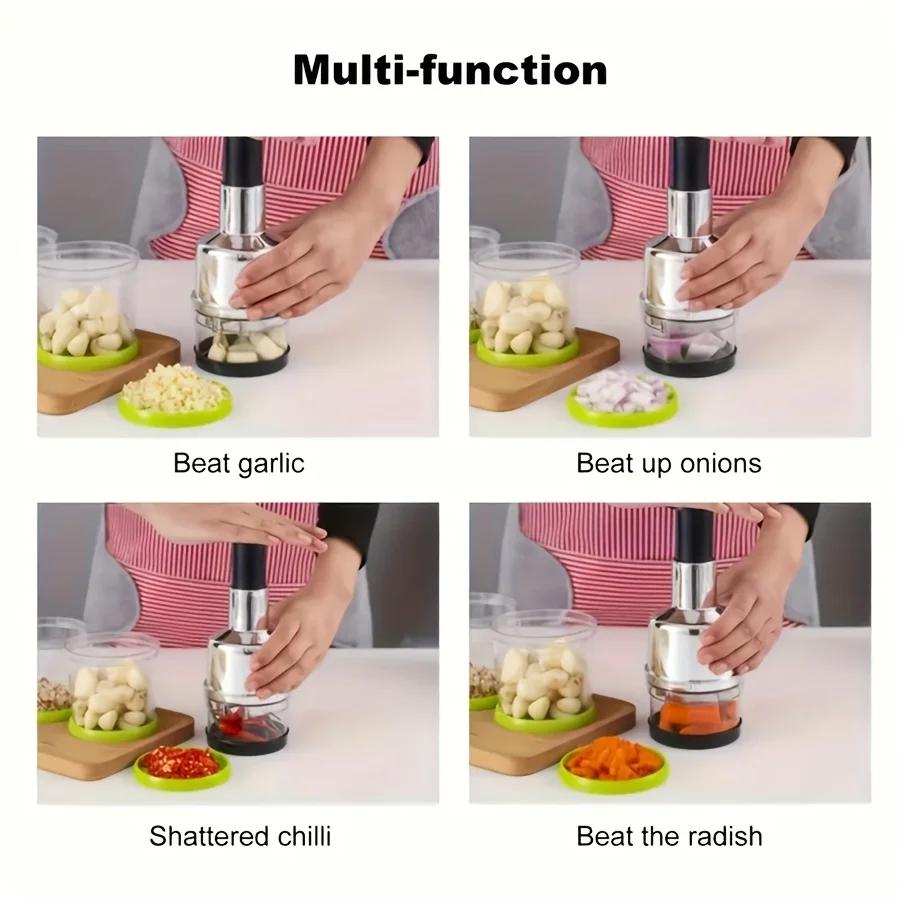 Kitchen Manual Tools Vertical Hand Press Garlic Cutter Chopper Onion Nuts Cutter Vegetable Food Chopper with Storage Container