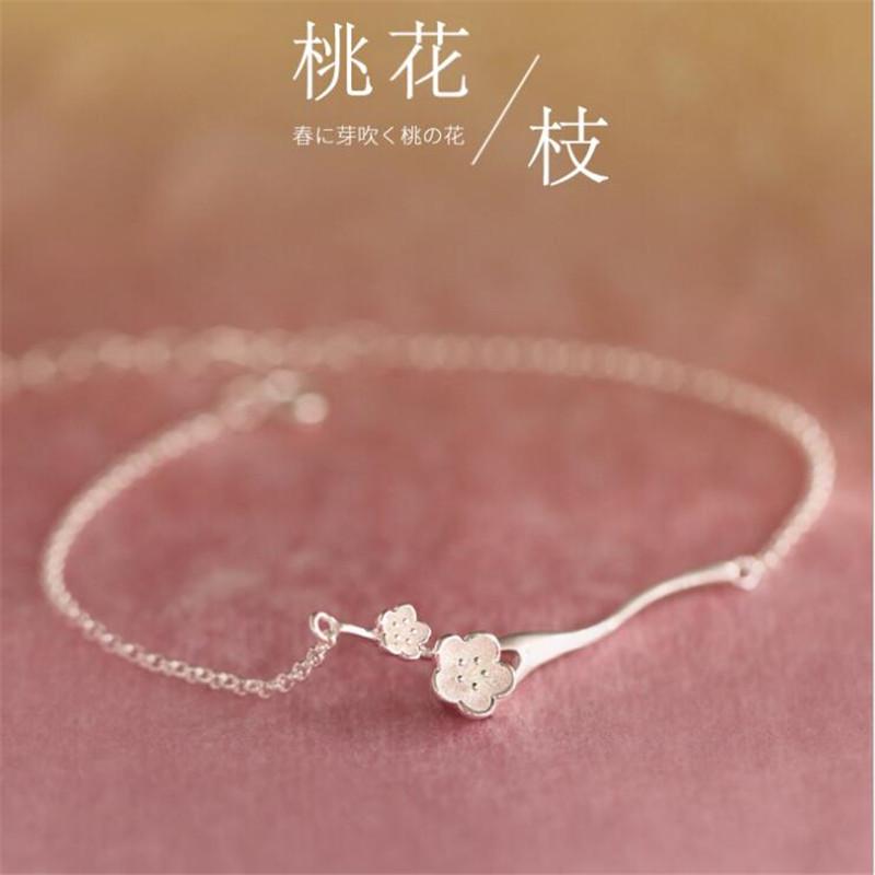 New Fashion Peach Branch Cute Literary Fresh Flowers 925 Sterling Silver Jewelry Cherry Blossom Women Bracelets SL085 серебряный