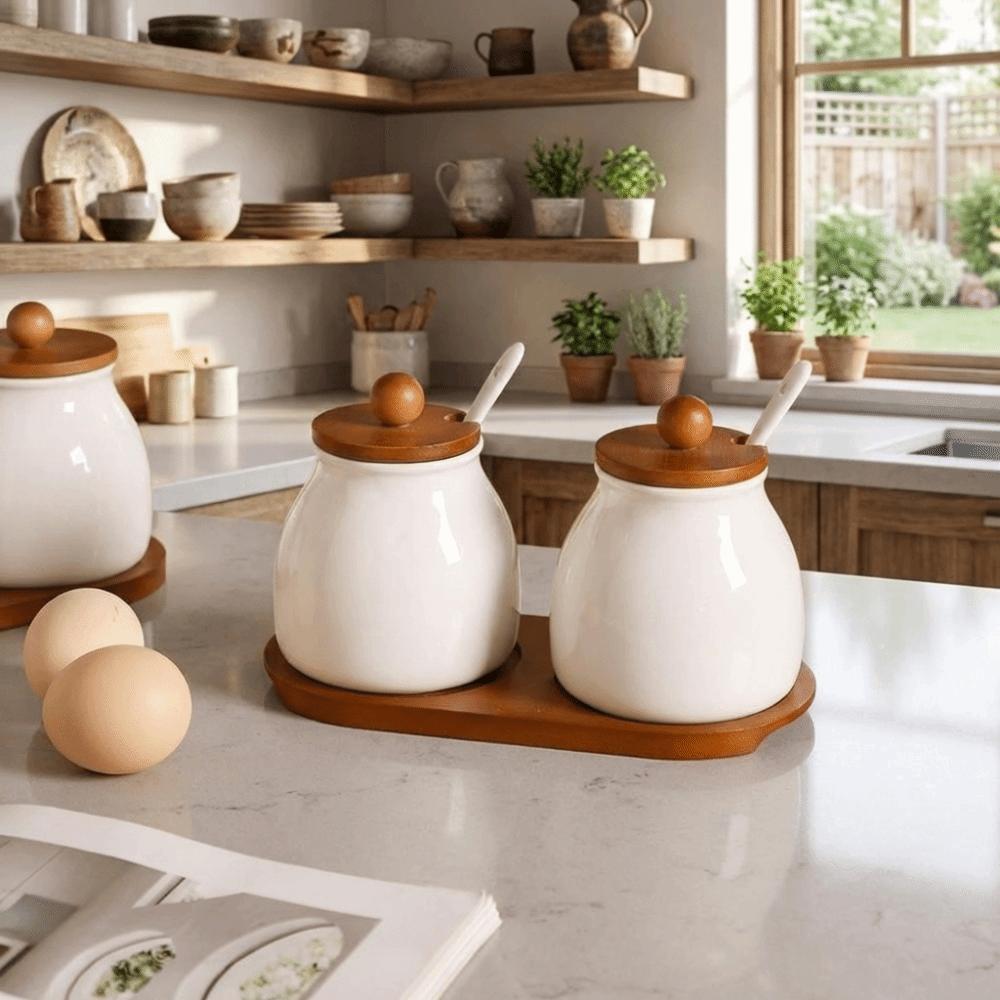 Moisture-Proof Ceramics Seasoning Jars with Spoon Condiment Jar Spice Containers  Kitchen