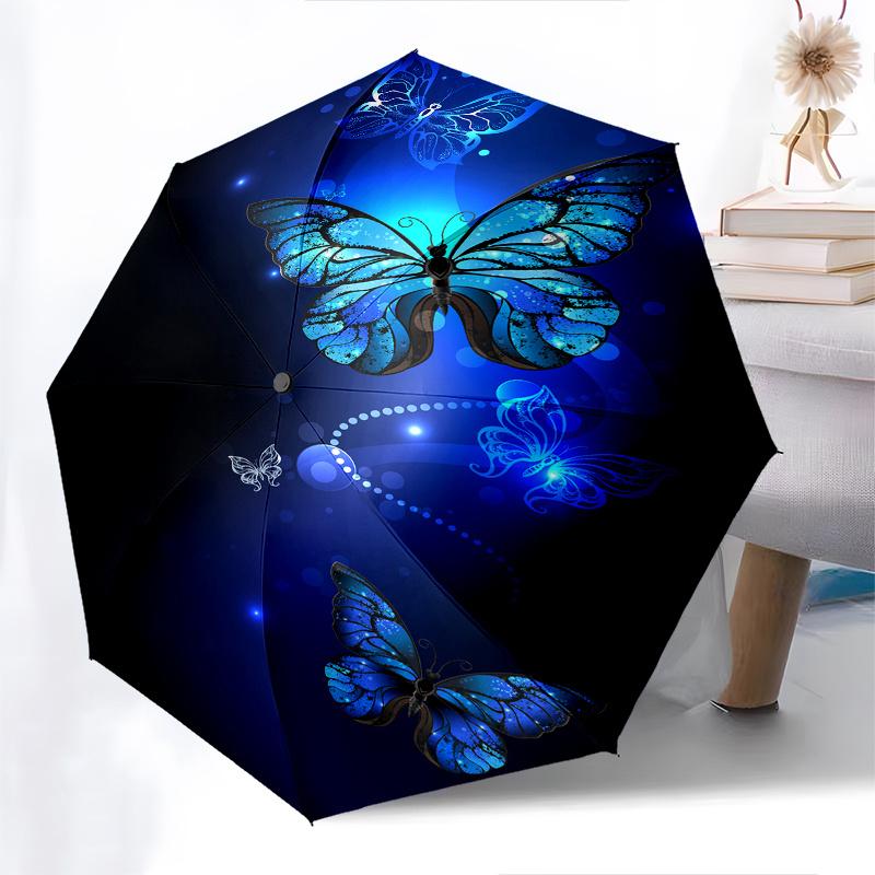 Glowing Blue Butterfly Umbrella - 3-Fold Compact Automatic Open Portable Umbrella with Vibrant Floral & Butterfly Design, Ligh