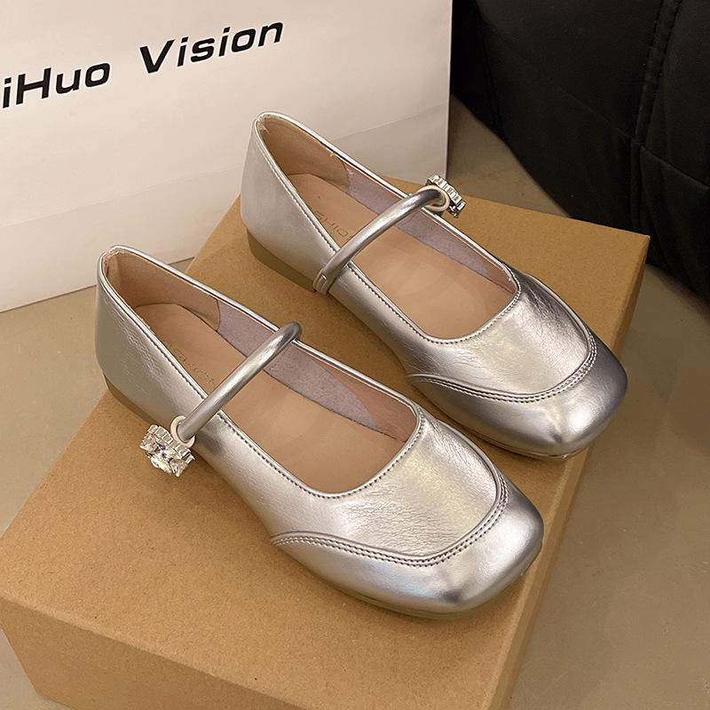 Silver Mary Jane Shallow Mouth Single Shoes Women's Spring New Soft-soled Beanie Shoes
