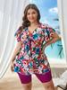 European & American Plus Size Floral Tankini Set: Women's Skirted Swimsuit with Boxer Briefs, White