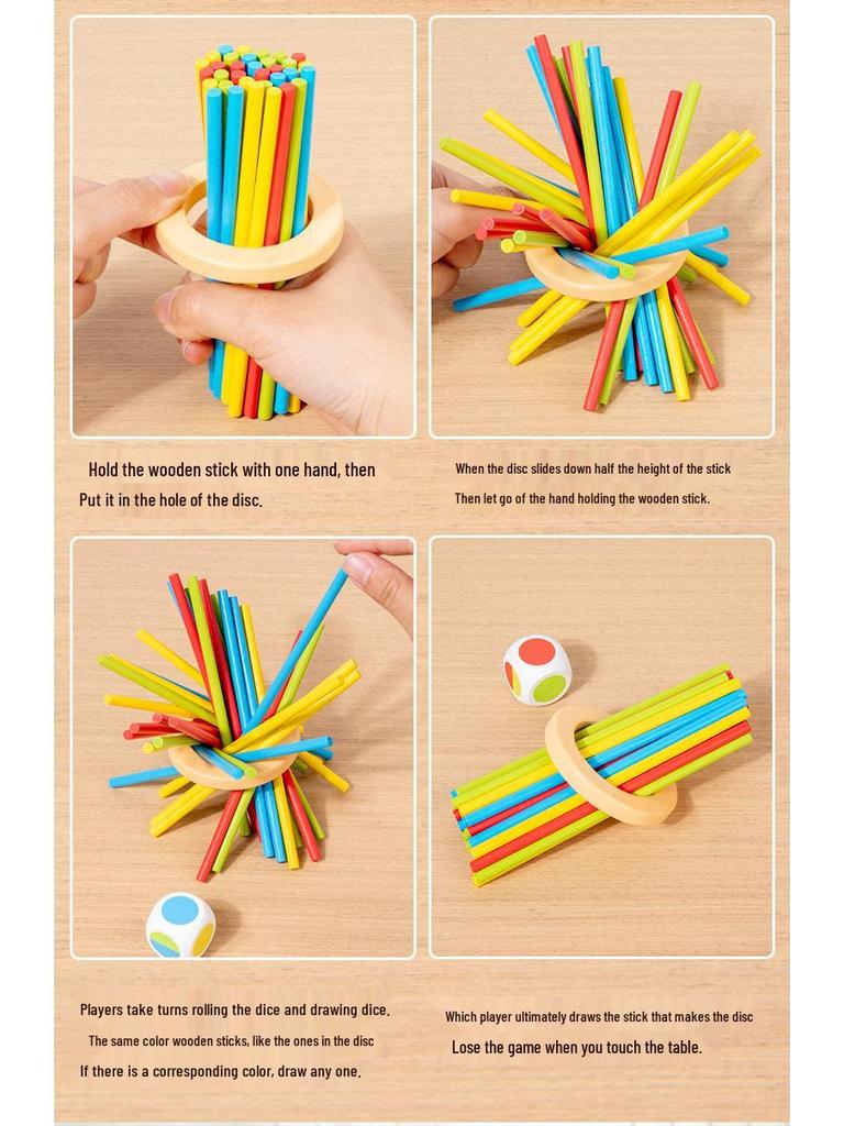 Kids' Wooden 3-in-1 Pick-Up Sticks Game: Dice, Color Recognition, Educational Parent-Child Interaction Table Toy