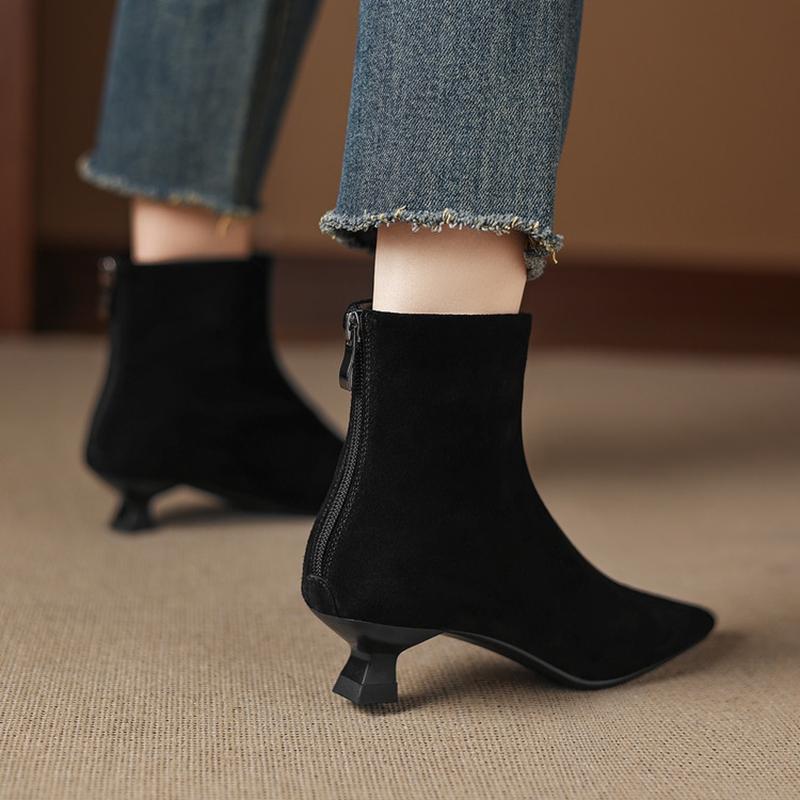 Fashion NEW Autumn Women Boots Pointed Toe Kitten Heel Shoes Cow Suede Leather Shoes for Women Elegant Zipper Modern Boots Daily Shoes