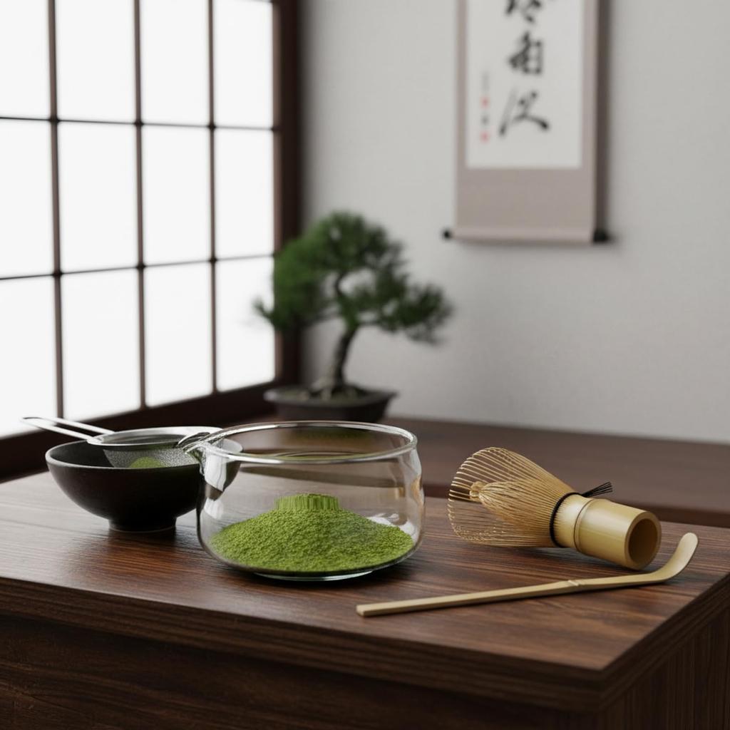 Minimood Matcha Tea Ceremony Set: Includes whisk, tea strainer, tea scoop, heat-resistant glass matcha bowl, and whisk stand. 5-piece set in a modern