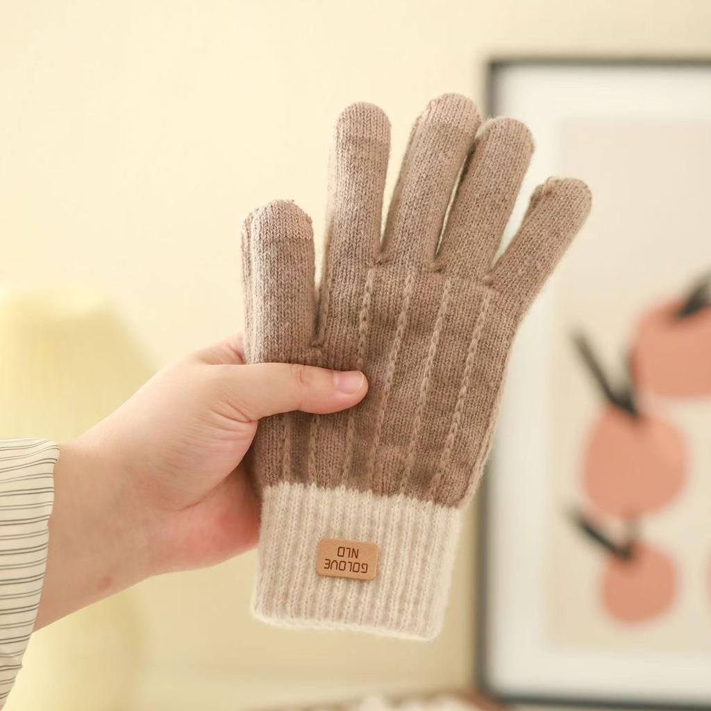 Herbst und Winter Warm Rutschfest Plus Samt Verdickt Zweifarbig Jacquard Handschuhe Gestrickt Fünffinger Radfahren Wolle Colorblock Touchscreen Handschuhe