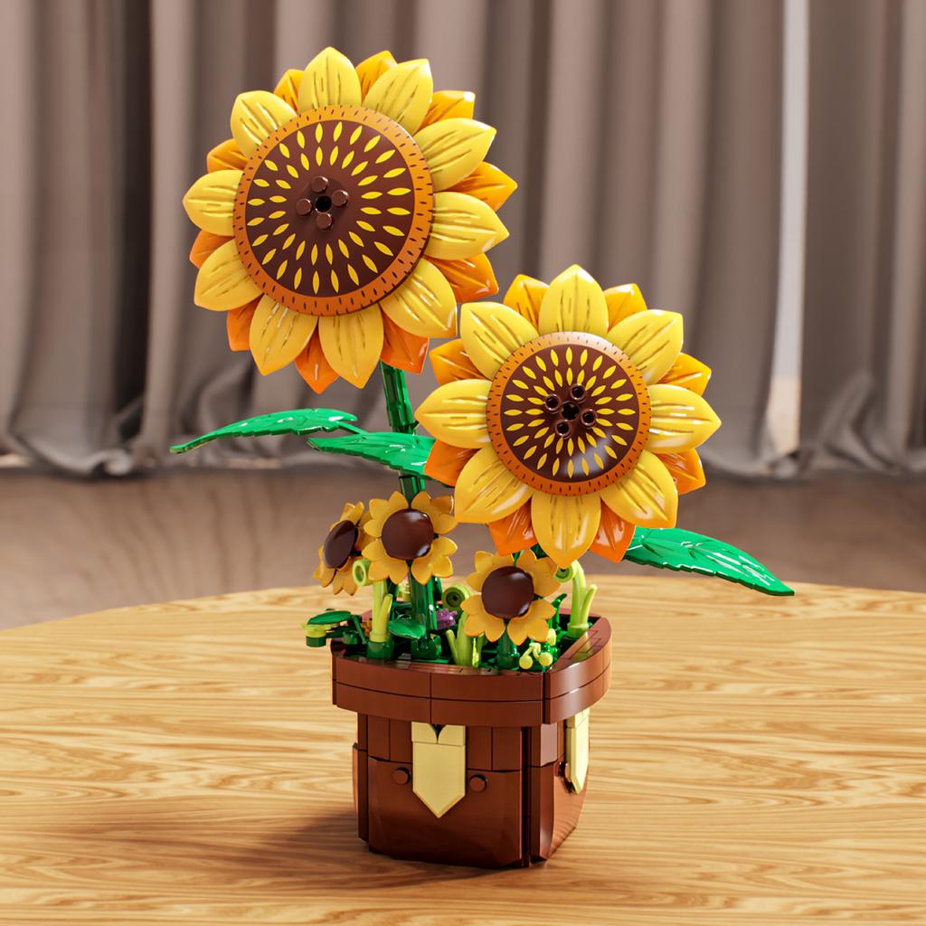 Non-Toxic 291Pcs Sunflower Potted Plant Building Block Flower Model Puzzle Toys Sets New Year Christmas Birthday Gifts