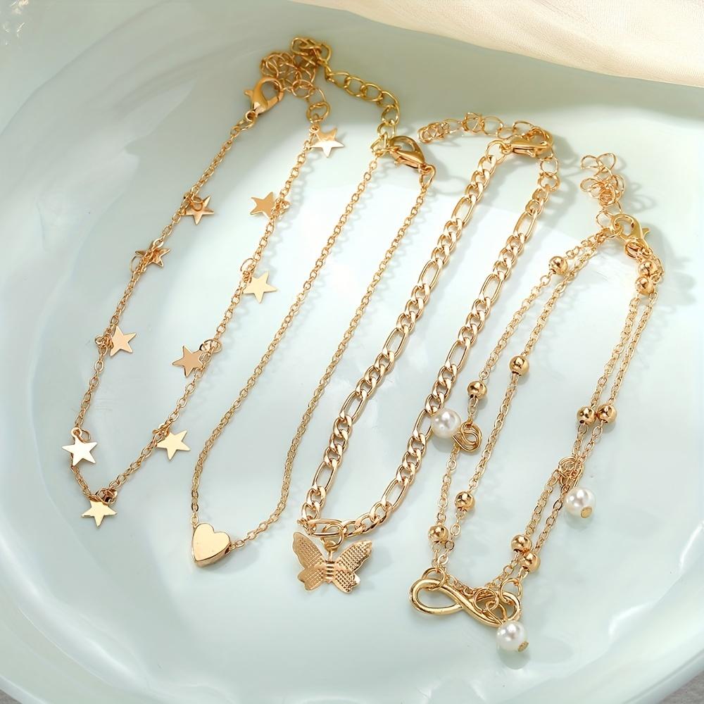 4pcs Multi-layer Butterfly  Anklet Fashion High-end Stackable Thin Chain Anklet Set