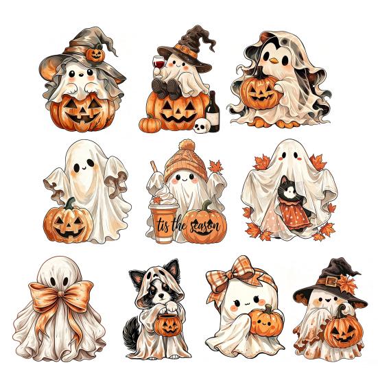 Rustic Autumn Table Centerpiece Halloween Wooden Ghost Ornament with Pumpkin Pattern, Double Sided Desktop Decoration, Cute Figurine Spooky
