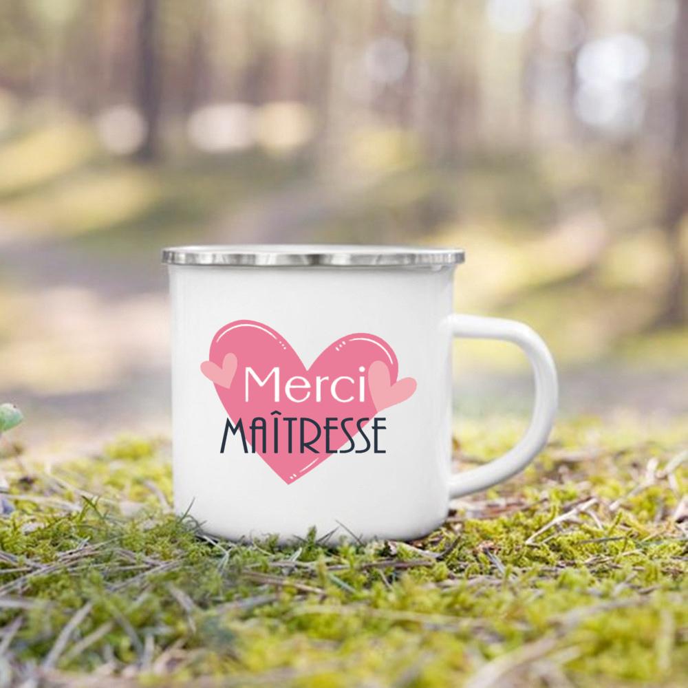 Merci Maitresse French Printed Mug Creative Coffee Cups Drinks Dessert Milk Enamel Cup Vintage Handle Drinkware Gift for Teacher