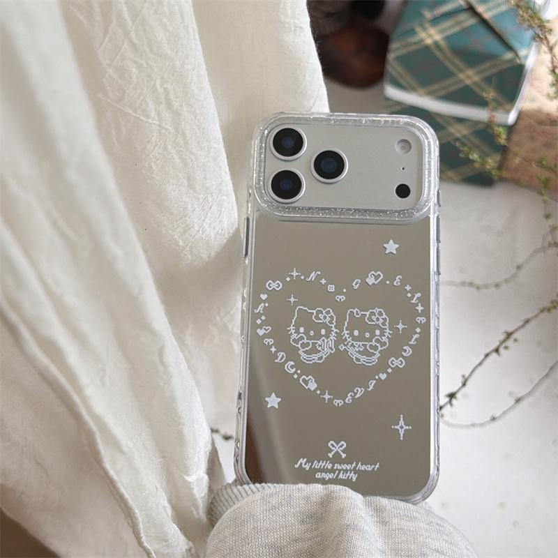 New 2026 Mirror Cartoon Cat Heart Phone Case For iPhone 17 Pro 16 15 14 Pro Max with Glitter Frame Shockproof Cover Girl