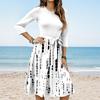 Women's Fashion Casual Waistband Seven Sleeve Round Neck Striped Flowy Dresses