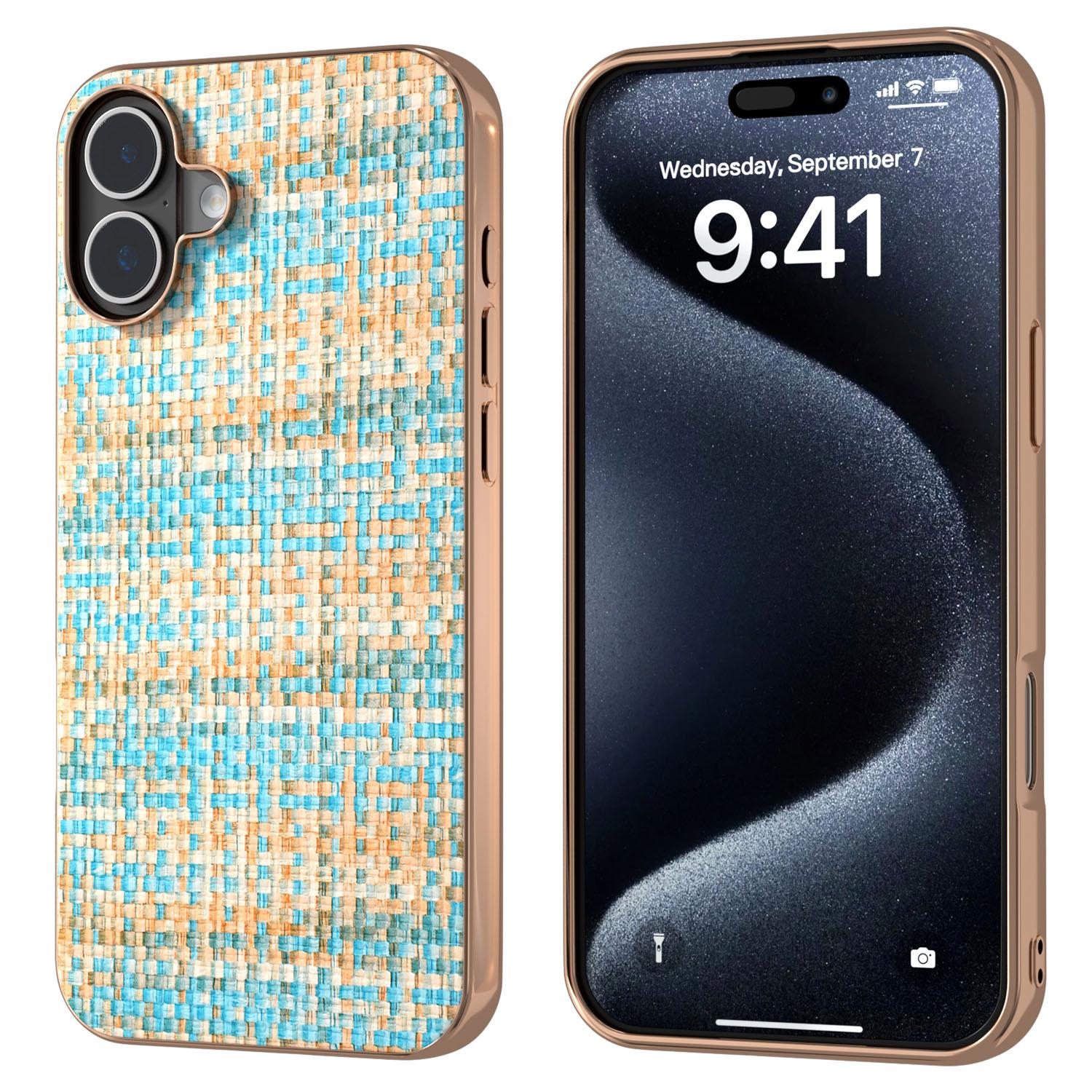 

For iPhone 16 Case Electroplating Edge Plaid Texture PU Leather+PC+TPU Phone Cover Blue